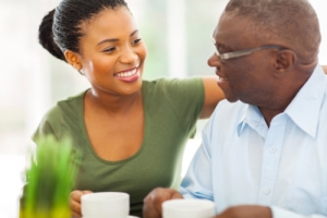 caregiver talking to a senior